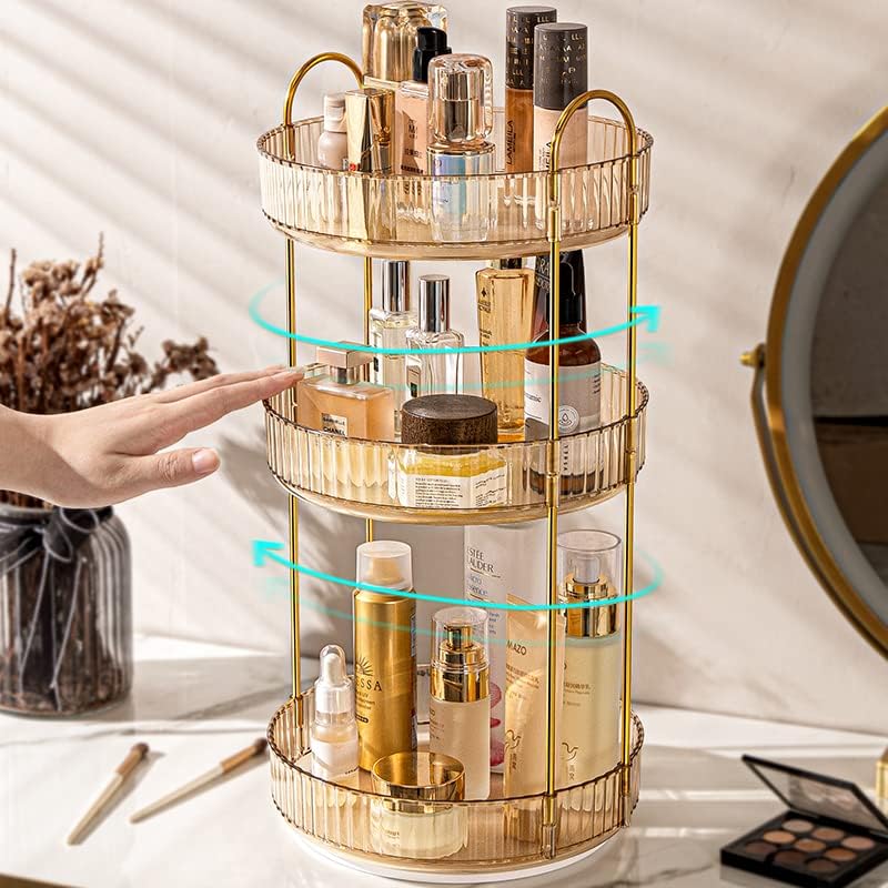 360 Rotating Makeup Organizer - High-Capacity Skincare & Cosmetics Organizer for Vanity, Bathroom or Dresser (3 Tiers, Amber)