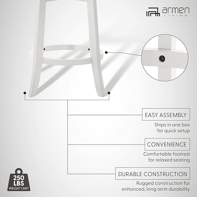Armen Living Blair 30 in. Matte White Bar Height Rubberwood Swivel Barstool with Fog Fabric Seat