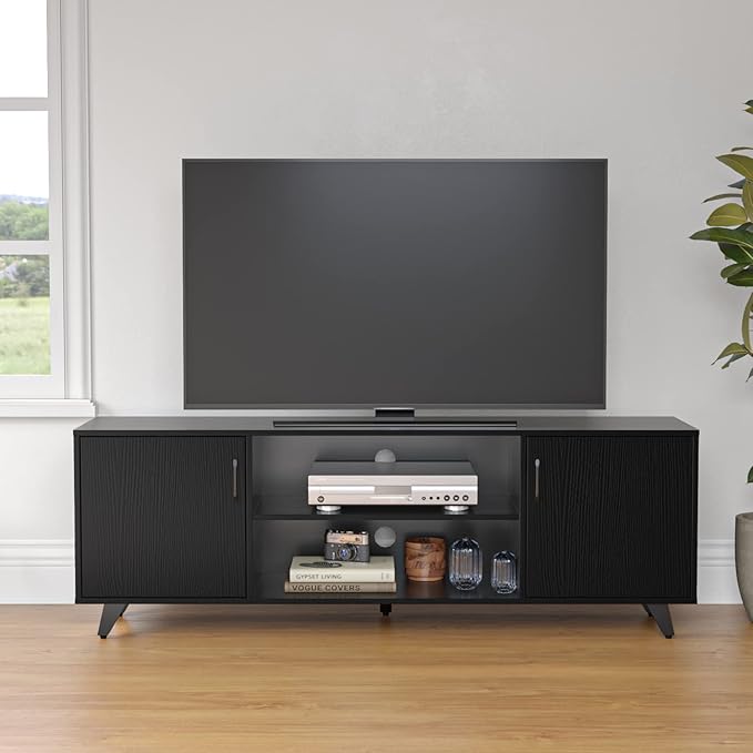 Panana TV Stand for TV up to 50 Inches, 2 Doors Entertainment Center with Open Shelves Storage, TV Console Unit for Living Room Bedroom (Black)