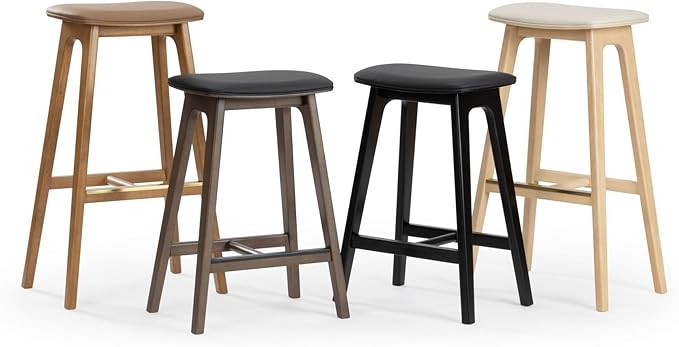 Plank+Beam Beryl Counter Height Stool - Mid-Century Modern Rubberwood Bar Stool with Faux Leather Seat, Metal Footrest, Easy Assembly, Blonde/Sesame