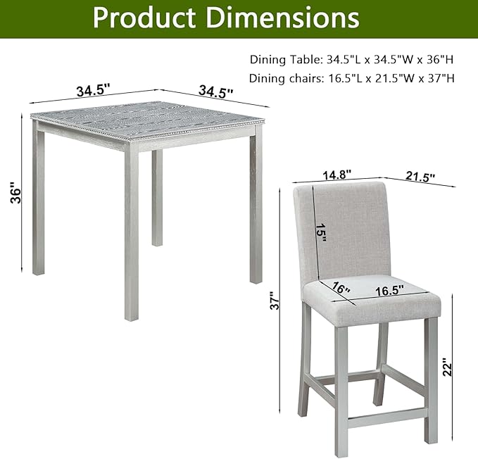 KEIKI 5-Piece Counter Height Dining Table Set with Square Table and 4 Upholstered Chair, for 4 Person, Modern Crystal Decoration Wooden Table Set, Easy Assembly, for Kitchen, Dining Room, Silver Grey