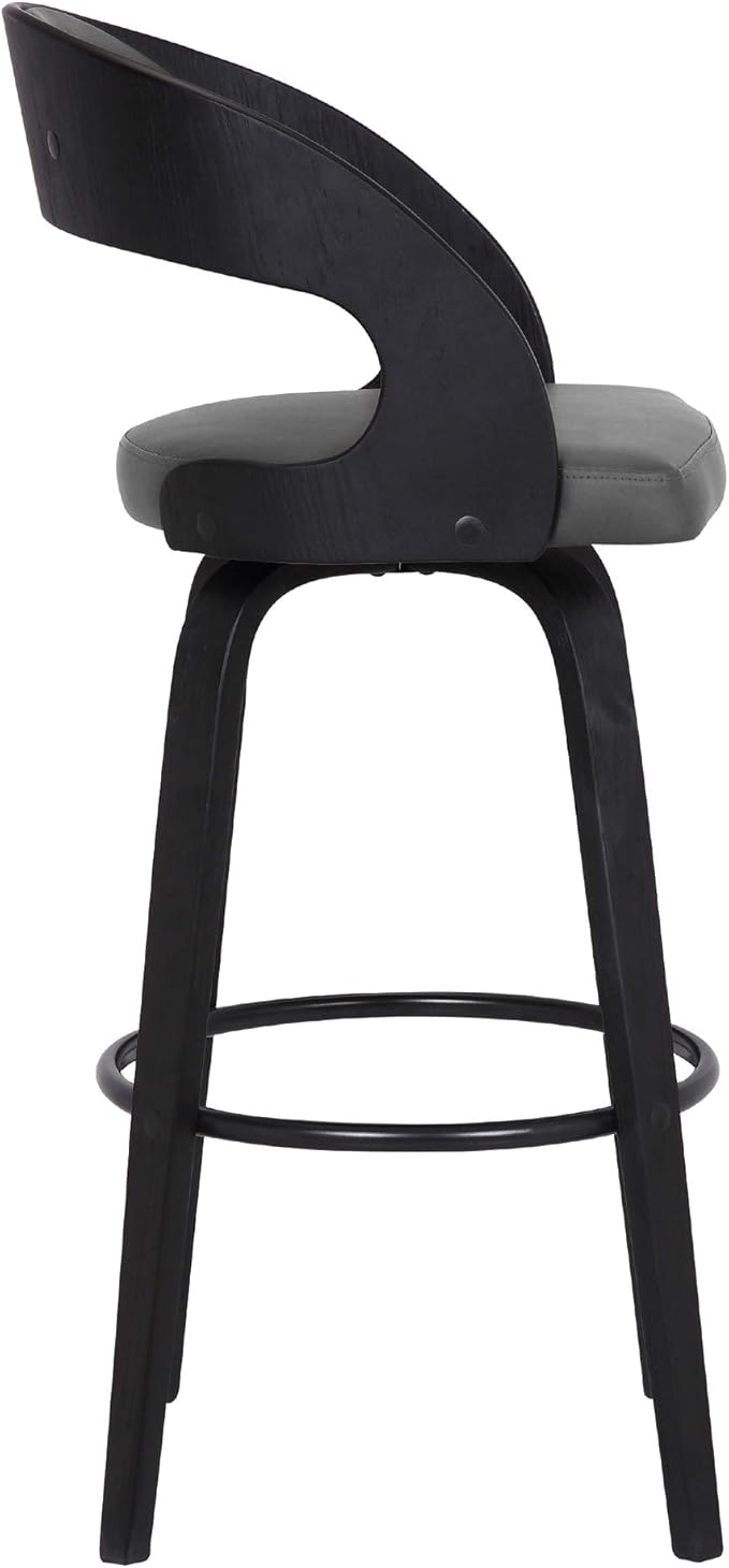 Armen Living Shelly 30" Bar Height Swivel Gray Faux Leather and Black Wood Bar Stool - Set of 2