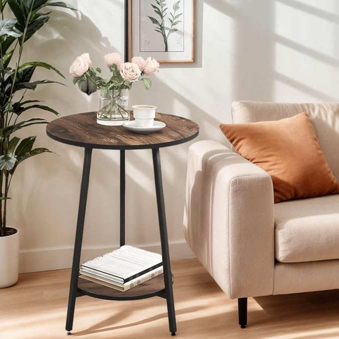 Side Table - Round Accent End Tables - Vintage Wood Color Tables for Sofa Living Room Bedroom Bedside Coffee Small Spaces - Waterproof Metal Frame, Scratch-Resistant - Easy Assembly