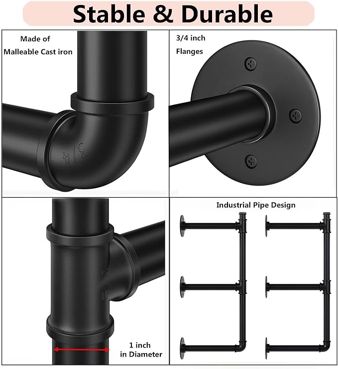 Industrial Pipe Shelf Brackets Wall Mount, Open Black Pipe Shelving for Kitchen,Floating Shelf Brackets Mount,Open Bookshelf Brackets for Shelves,Wall Shelves 12 Inch Deep,(2PcsX3Tier,32" Tall)