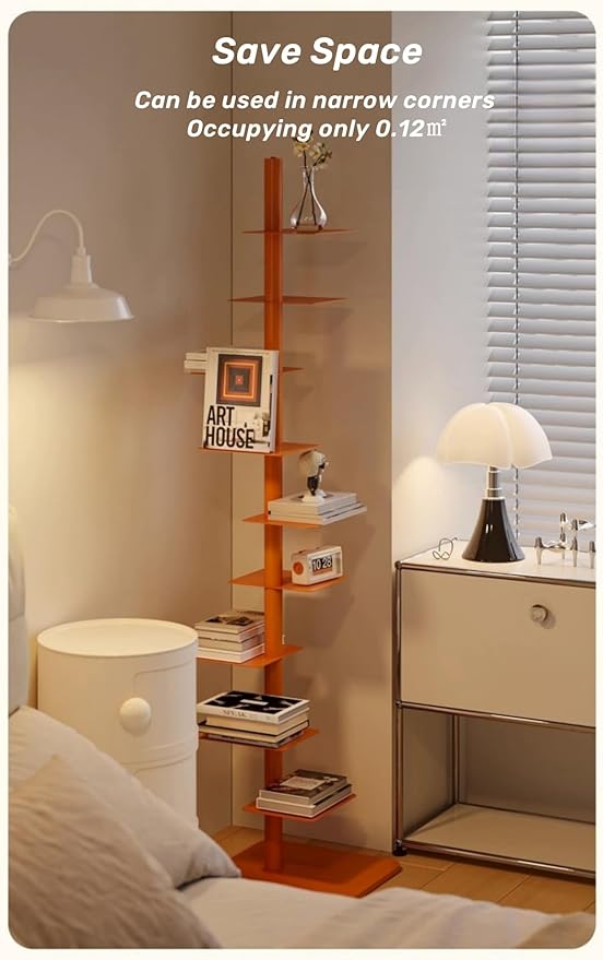 9-Tier Spine Bookshelf Metal Bookcase 5 Colors Vertical Bookshelf Tower Rotating Tall Narrow Bookshelf Ladder Book Rack Indoor (Black)