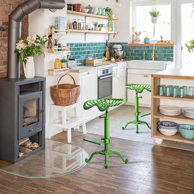 Rustic Tractor Seat Bar Stool Industrial Metal Swivel Saddle Bar Chair 19.7-26.8 Counter Height Retro Guest Seating Kitchen Island Stools
