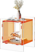 Acrylic Nightstand, Side Table, Record Player Table, End Table with Open Storage Shelf for Living Room, Bedroom, Home, Office Reception (Orange)