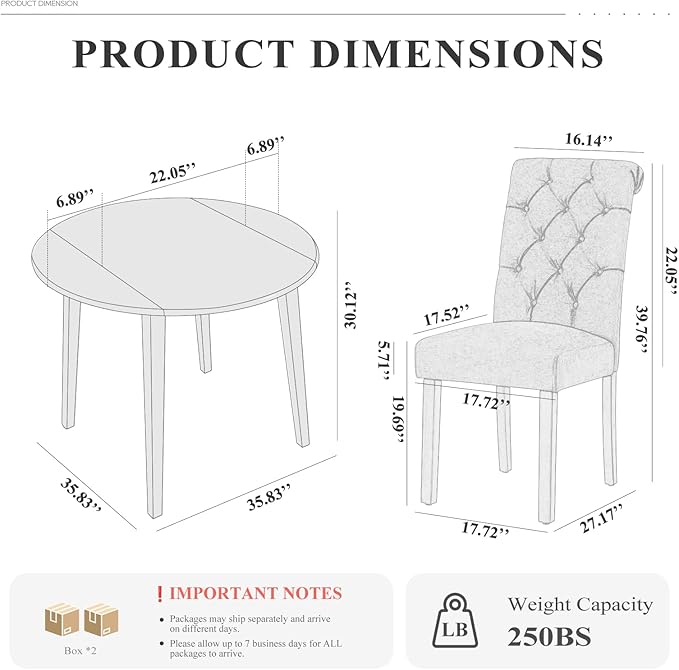 COLAMY 3-Piece Extendable Dining Table Set for 2, 36" Kitchen Round Wood Table with 2 Tufted Dining Room Chairs,Light Brown/Taupe