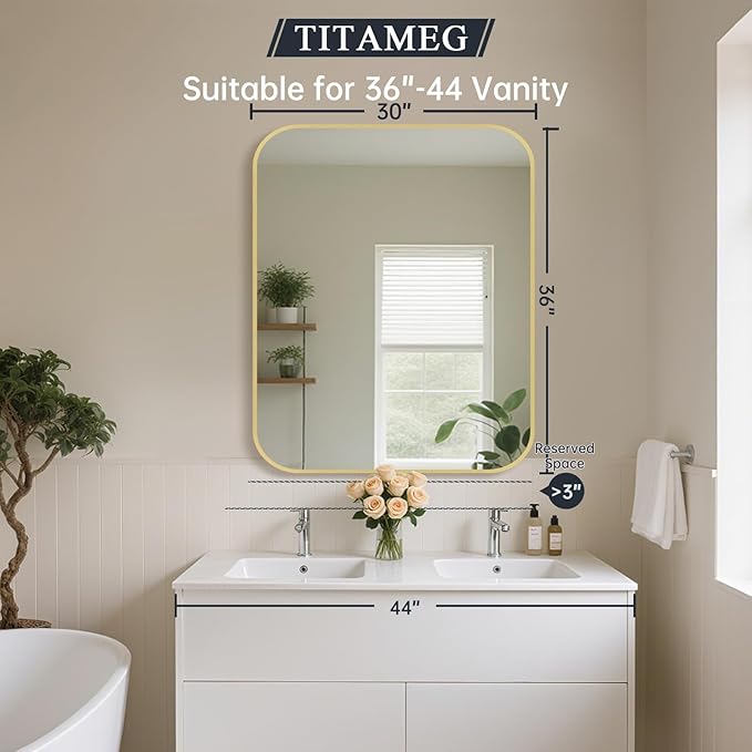 30x36 Inch Bathroom Mirror for Wall,Gold Framed Rectangle Mirror with Rounded Corner,Aluminum Alloy Framed Brushed Wall Mirror for Bedroom or Living Room,Vertical or Horizontal