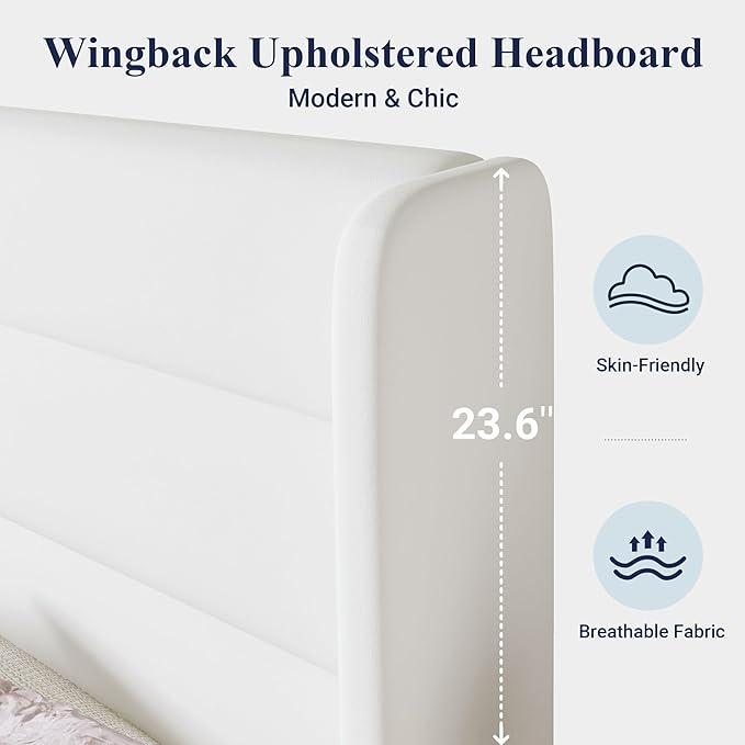 Allewie Full Size Platform Bed Frame with Velvet Upholstered Wingback Headboard, No Box Spring Needed, Under Bed Storage Space, Strong Wooden Slats, Modern Mattress Foundation, Easy Assembly, White