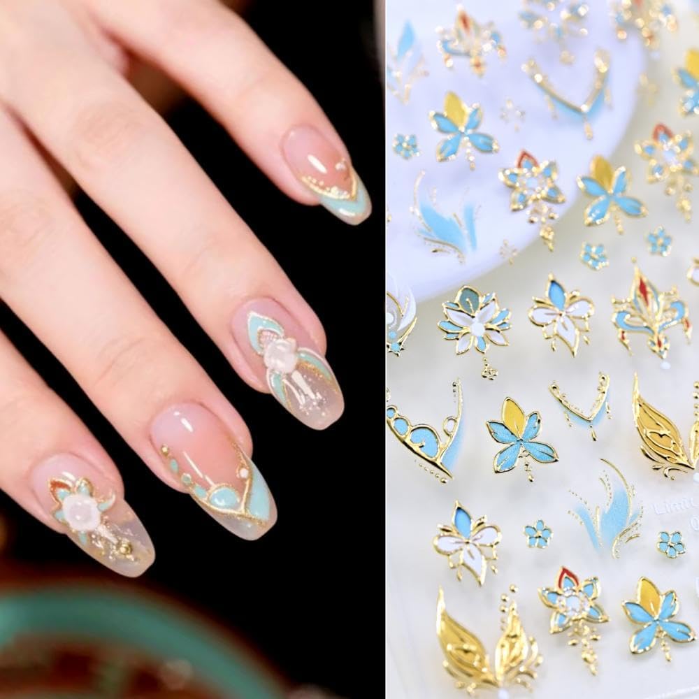 1 Sheet Flower Nail Stickers 5D Embossed Blue Gold Floral Nail Decals 3D Self-Adhesive New Chinese Style Nail Supplies Aurora Lotus Flower Nails Designs for Women Girls DIY Manicure