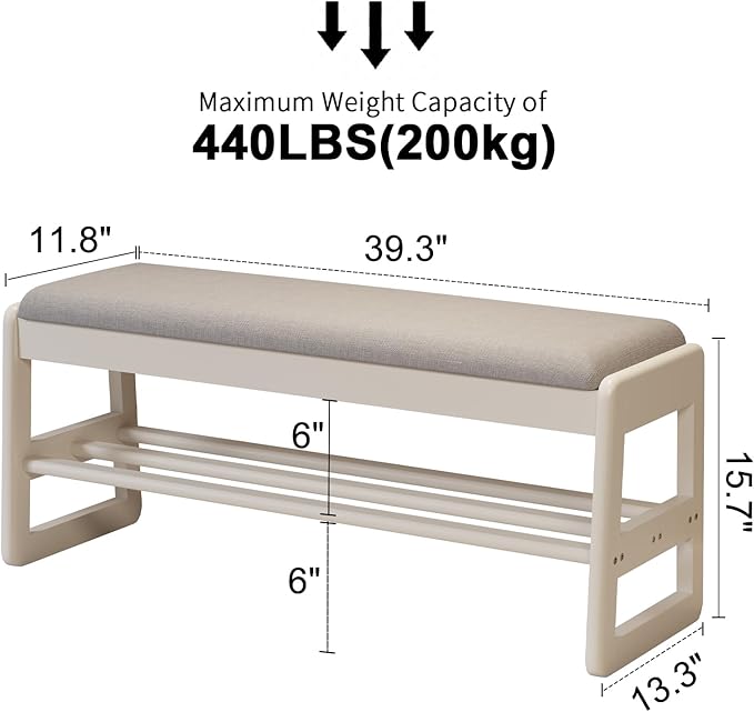 Shoe Rack Bench with Cushion,2 Tiers Shoe Bench with Flip-Top Storage,Wood Shoe Rack for Entryway,Hallway（White,39.3"）