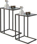 Easy Paws C Shaped End Table Set of 2, Tempered Glass Snack Side Table with Metal Frame, Sofa Couch Side Table, Modern Style, Black