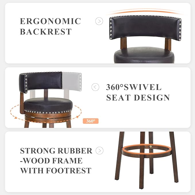 COLAMY Swivel Bar Stool, Swivel Bar Height Bar Stool, Modern Swivel Barstool with Back, Upholstered Wood Barstool for Kitchen Island Dining Room Bar, Dark Brown, FM-4840-30-DarkBrown-L