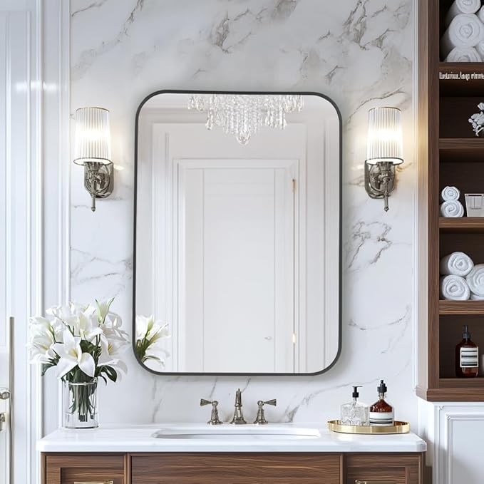 MZON 22x30 Inch Matte Black Bathroom Mirror, Rectangle Wall Mirror for Bathroom, Anti-Rust Frame & Tempered Glass, Hangs Horizontally/Vertically - Farmhouse, or Modern Bathroom Decor