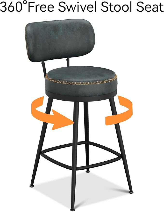 Counter Height Bar Stools, 26" H Swivel Barstools Set of 4, Faux Leather Kitchen Counter Stools with Back and Stylish Stitching, Metal Frame, Pub, Home Bar, Balck Green