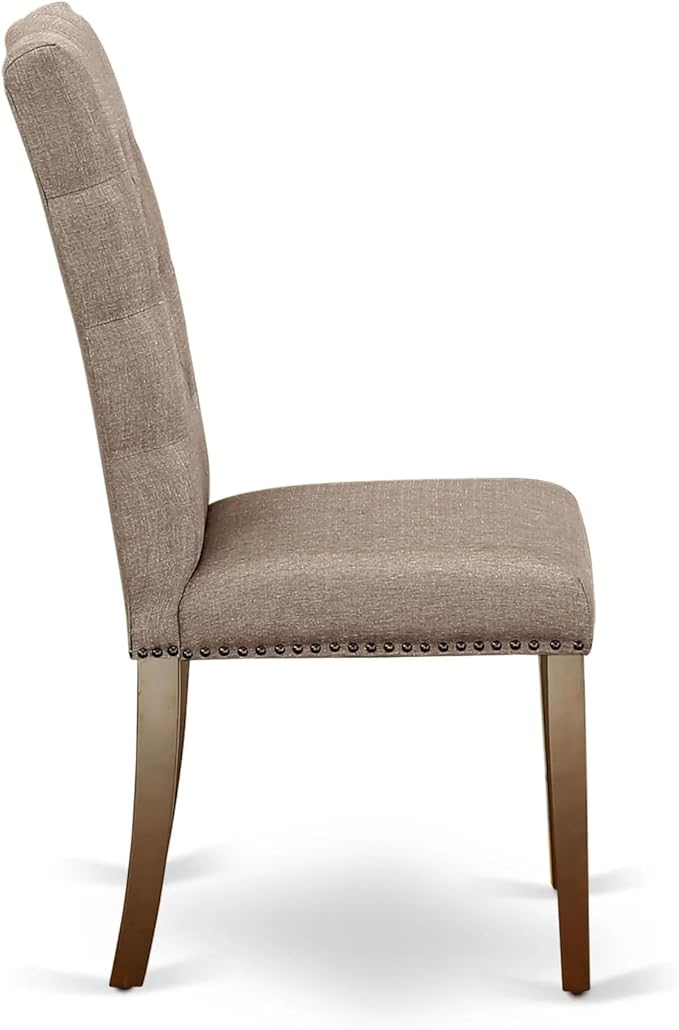 East West Furniture ELP3T16 Elsa Parson Dining Chairs - Button Tufted Nailhead Trim Dark Khaki Linen Fabric Upholstered Chairs, Set of 2, Mahogany