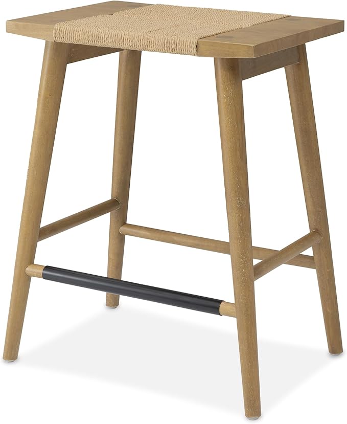 Thor Wicker Counter Height Wooden Counter Stool with Hand-Knitted Rope, K/D, Backless Island 24" Wicker Stool for Kitchen, Solid Wood, Eco-Friendly, Modern Design (Light Brown)