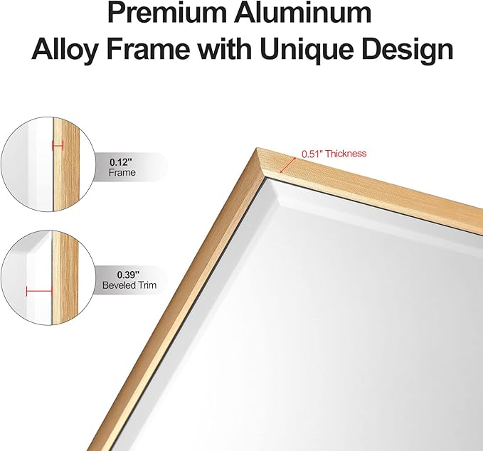 30x36 Inch Gold Mirror with Beveled Trim, Aluminum Frame Bathroom Vanity Mirror, Copper-Free Mirror, Rectangle Wall Mounted Mirror, Modern Rectangular Mirror Horizontal or Vertical