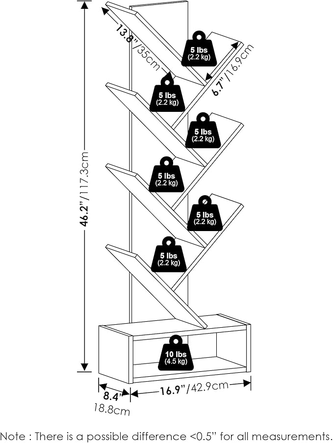 Furinno Tree Bookshelf 7-Tier Floor Standing Tree Bookcase with Bottom Shelf, Amber Pine