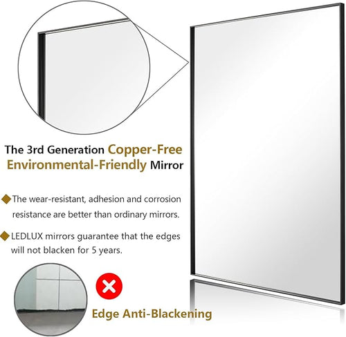 20x40 Inch Black Bathroom Mirror, Copper-Free Mirror, Aluminum Alloy Frame Vanity Mirror, Rectangle Wall Mounted Mirror for Bedroom/Living Room/Porch Horizontal or Vertical
