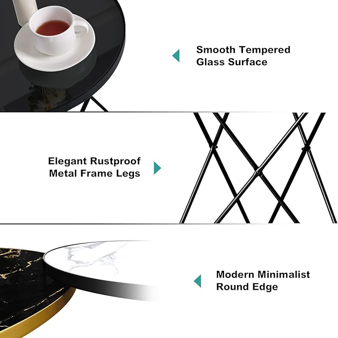 HLR Modern Round Side Table, End Table with Marble Effect Top and Gold Metal Frame, Small Side Table for Living Room, Bedroom, Sofa and Couch, Black Legs, Black Glass top
