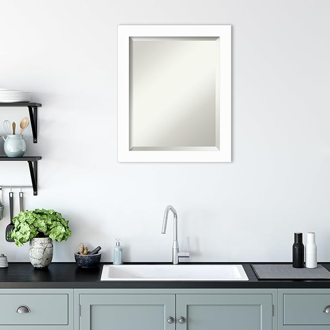 Amanti Art White Bathroom Mirror for Over Sink, 24x20 Basic White Narrow Rectangle Vanity Mirror, Small Casual Wood Frame, Hangs Horizonally and Vertically, Bathroom Wall Decor, Beveled Edge from WI
