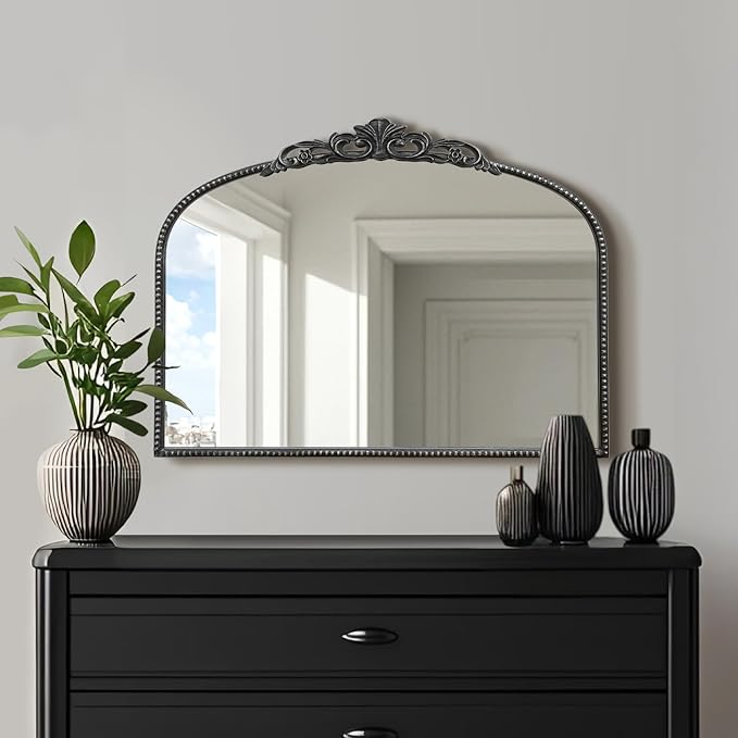 Micasso Black Vintage Wall Mirror: 24"x 32" French Baroque Antique Arched Wall Mounted Mirror - Traditional Ornate Decorative Entryway Mirror for Home Decor/Entryway/Fireplace/Living Room/Hallway