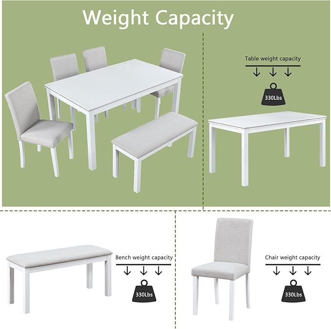 KEIKI 6-Piece Standard Height Dining Table Set with Rectangular Table, 4 Upholstered Chair, Bench, for 6 Person, Modern Crystal Decoration Table Set, Easy Assembly, for Kitchen, Dining Room, White