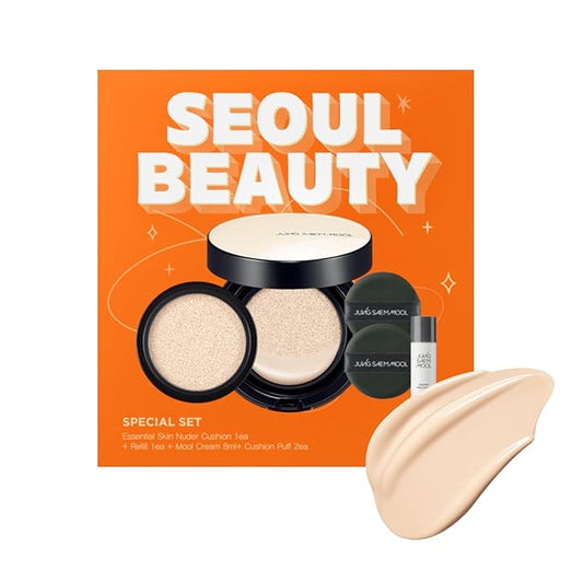 JUNG SAEM MOOL Essential Skin Nuder Cushion | Natural Finish, Buildable Coverage Cushion Foundation by Korean Makeup Artist (Refill Included, SPF 50 | Gift Set with Mool Cream & Puff), 17 Fair Light