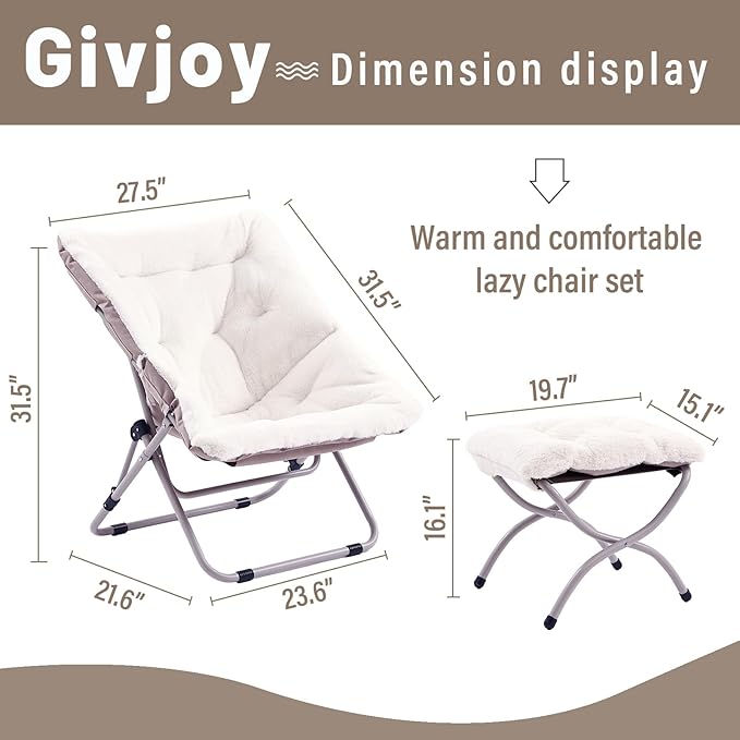 Comfy Folded Chair with Ottoman, Oversized Folding Faux Fur Chair Soft Furry Lounge Lazy Chair with Metal Frame Moon Chair Accent Chair for Bedroom, Living Room, Dorm Rooms