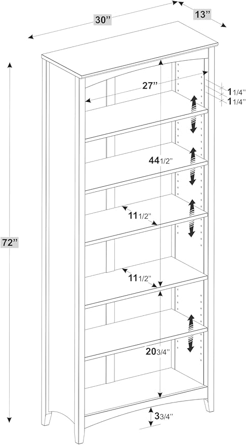 Camaflexi Shaker Style 6 Shelf Bookcase / Solid Wood / 72 inch Tall / Adjustable Shelving / Closed Back / Display Bookshelf for Living Room, Bedroom, Home and Office, Cherry