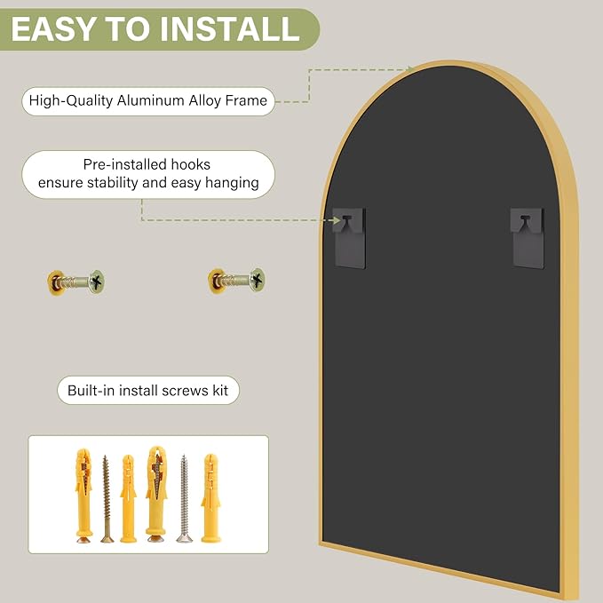 32"x48" Arched Bathroom Mirror with Aluminum Frame Arched Wall Mounted Vanity Mirror for Entryway, Bedroom, Living Room, Gold
