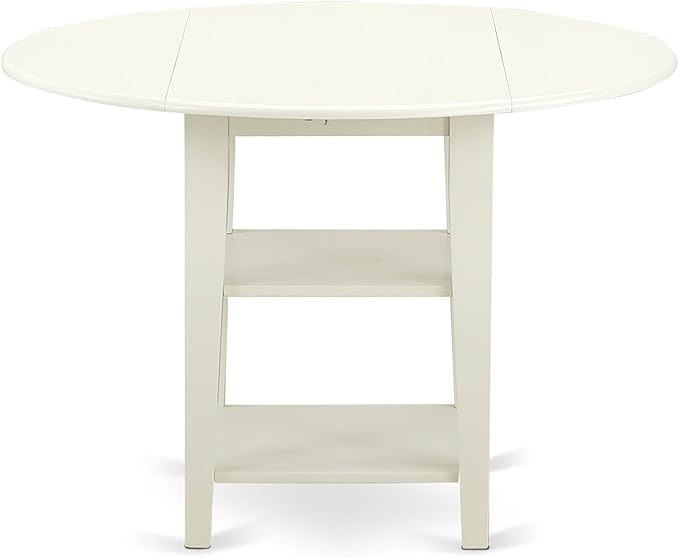 East West Furniture SUDA5-LWH-C 5 Piece Kitchen Table Set for 4 Includes a Round Dining Room Table with Dropleaf & Shelves and 4 Linen Fabric Upholstered Chairs, 42x42 Inch, Linen White