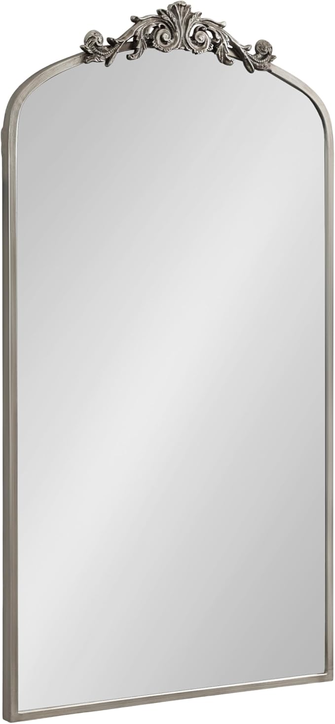 Kate and Laurel Arendahl Glam Arched Tall Panel Mirror; 24 x 42; Silver; Traditional Baroque Large Body Wall Mirror with Ornate Garland Inspired Crown