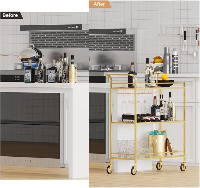 Gold Bar Cart, Home Bar Serving Cart with Handle, Wine Cart with 3-Tier Glass Shelves, Beverage Cart with Wine Rack and Glass Holder, Bar Carts for The Home, Dining Room, Living Room