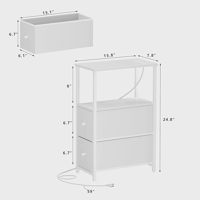 TUTOTAK Small Narrow End Table with Charging Station, Side Table with Outlets, Nightstand with 2 Cloth Drawers, Couch Table, for Living Room, Bedroom, Bedside, White TB01BW085
