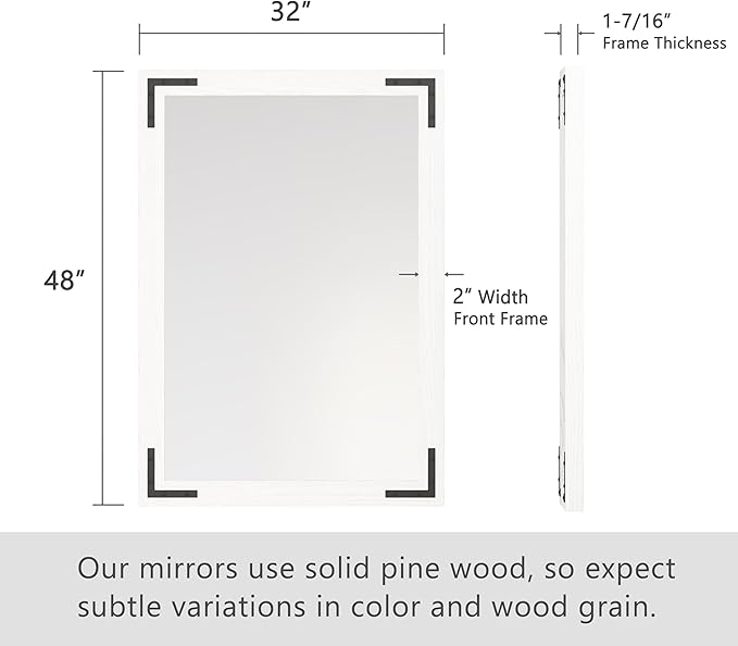 VocalStar White Wood Framed Mirror 48 x 32 Inch, Rustic Natural White Wooden Rectangle Bathroom Vanity Wall Mirror for Farmhouse Boho Decor, 1/4-inch Shatterproof Glass | Waterproof