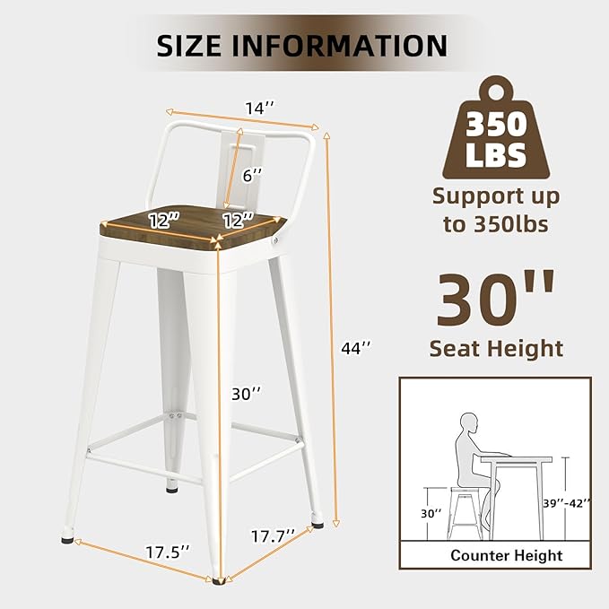 White Bar Stools Set of 4, Metal Bar Stools with Wooden Seat, Modern 30”Counter Height Barstools with Low Back