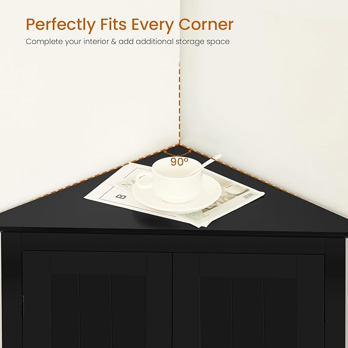 Iwell Corner Cabinet, Corner Bathroom Cabinet with 2 Doors & Adjustable Shelves, for Bathroom, Living Room, Kitchen, Black