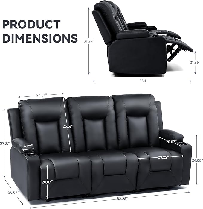 COMHOMA Living Room Furniture Set, Bonded Leather Sofa with Cup Holder Recliner Chair, 3, Black