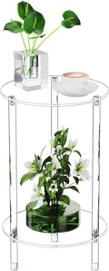 Clear Round Acrylic Side Table for Small Spaces, 11.81" L x 11.81" W x 19.82" H, 2 Tier Small Modern Drink End Table Nightstand, Minimalist Bedside Table for Living Room, Bedroom, Bathroom