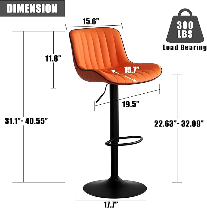 YOUNIKE Orange Bar Stools Set of 2 Kitchen Counter Height Barstools with Backs Swivel High Faux Leather Paddedt Bar Chairs Modern Adjustable Tall Stools for Breakfas Island