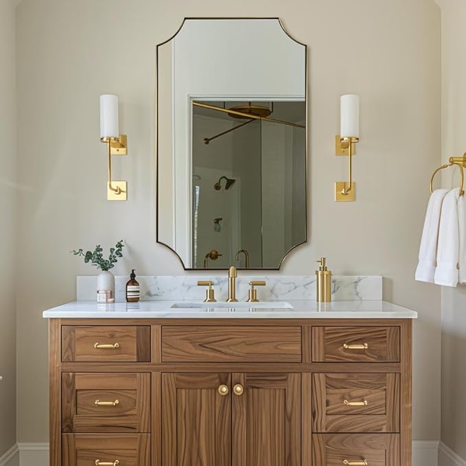 ANDY STAR Gold Scalloped Rectangle Mirror, 24x40 Inch Rectangle Bathroom Mirror, Accent Rectangular Mirror with Scalloped Edge Corner, Brass Bathroom Mirror with Anti-Rust Finish, Horizontal/Vertical