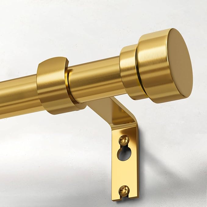 Modern Gold Curtain Rods for Windows 48 to 84 Inches Adjustable Length Heavy Duty 1" Diameter Brass Window Curtain Rod with Solid Metal Finials for Outdoor Farmhouse Bedroom Kitchen Living Room