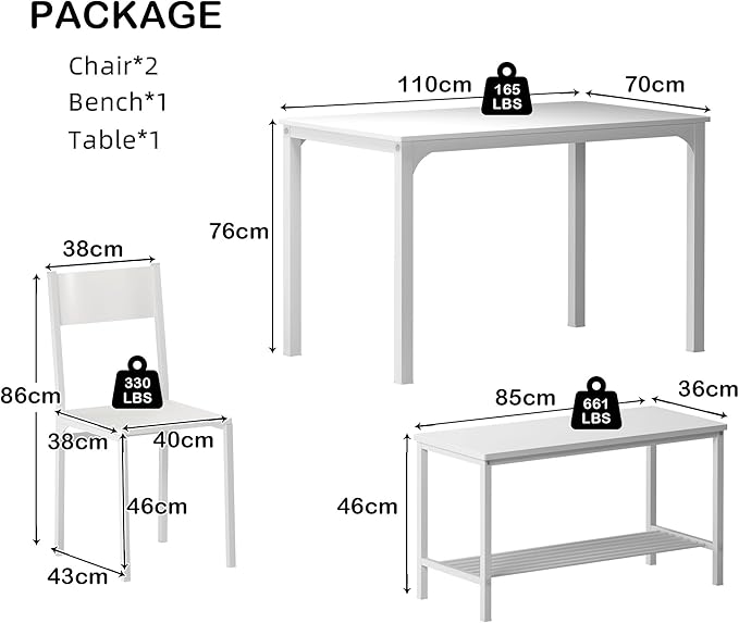 SogesHome 4-Piece Dining Table Set for 4, 43.5'' Space-Saving Kitchen Set with Bench and Chairs, Ideal for Restaurants and Coffee Shops, White