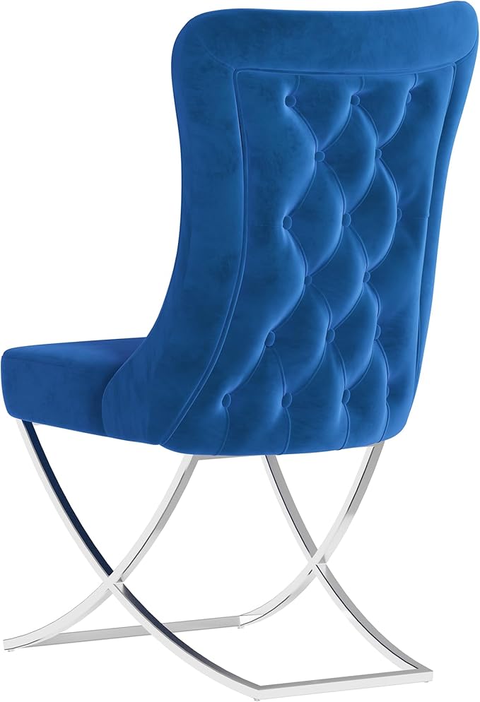 Ottomanson Royal Dining Chairs Set of 4 – Upholstered Tufted Microfiber, Assembled, Silver Metal Legs, Beech Wood Frame, 350 lb Capacity, Blue