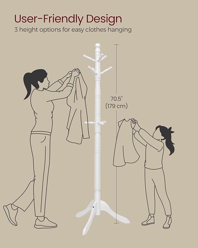 VASAGLE Solid Wood Coat Rack and Stand, Free Standing Hall Coat Tree with 10 Hooks for Hats, Bags, Purses, for Entryway, Hallway, Rubberwood, Cloud White URCR03WT