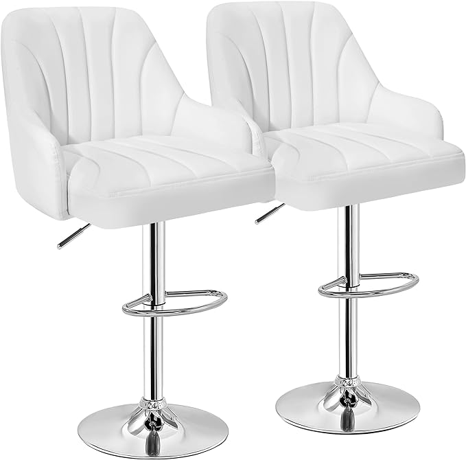 VECELO Bar Stools Set of 2, Adjustable Barstools, Counter Height Stools with Back and Arm, Kitchen Island Stools, Swivel PU Leather Stools, Modern Style, White