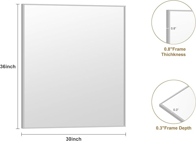 KOCUUY Silver Framed Mirror, 30"x36" Rectangle Bathroom Mirror for Wall, HD Tempered Glass, Anti-Rust Frame, Modern Design for Bathroom, Bedroom, Living Room, Entryway